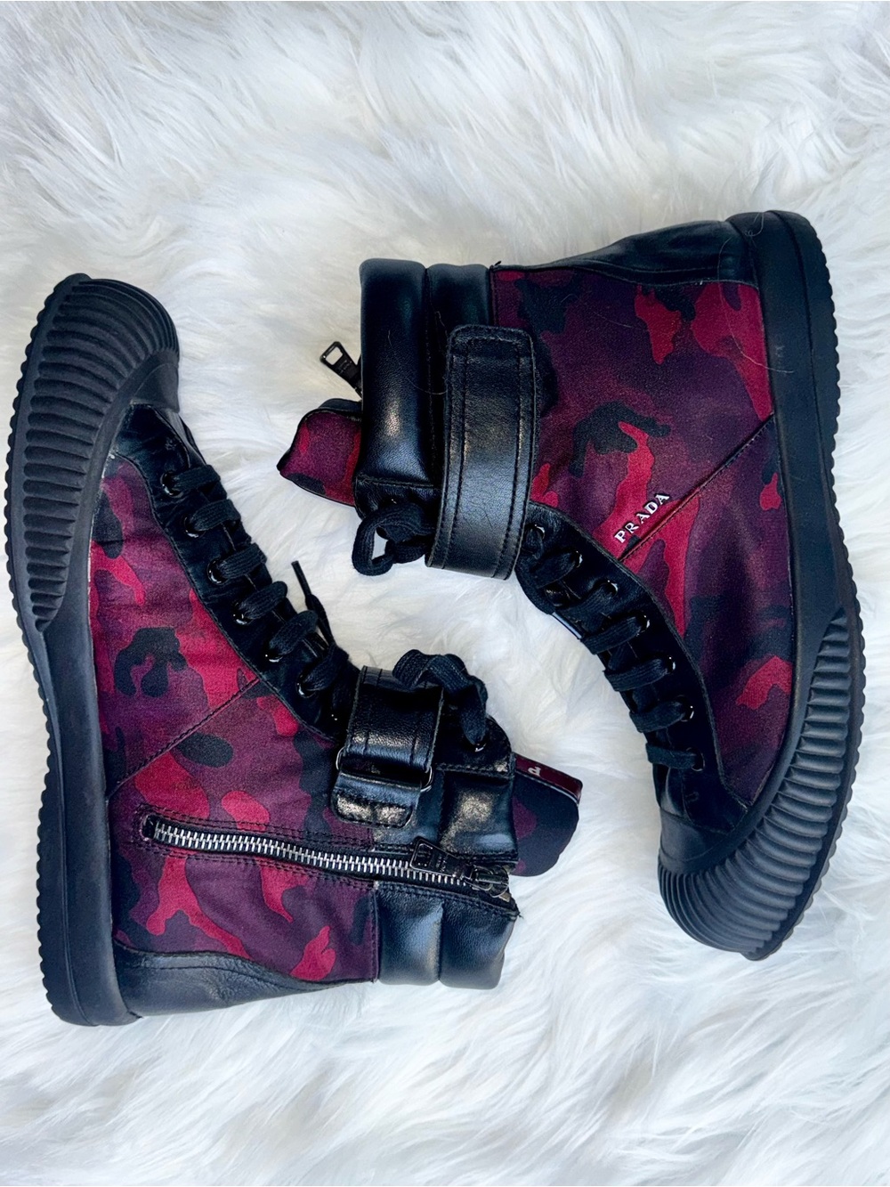 PRADA Women Black Leather Red Camo Textile Padded Collar Ankle Boots Sz 7.5 38 - Picture 3 of 17